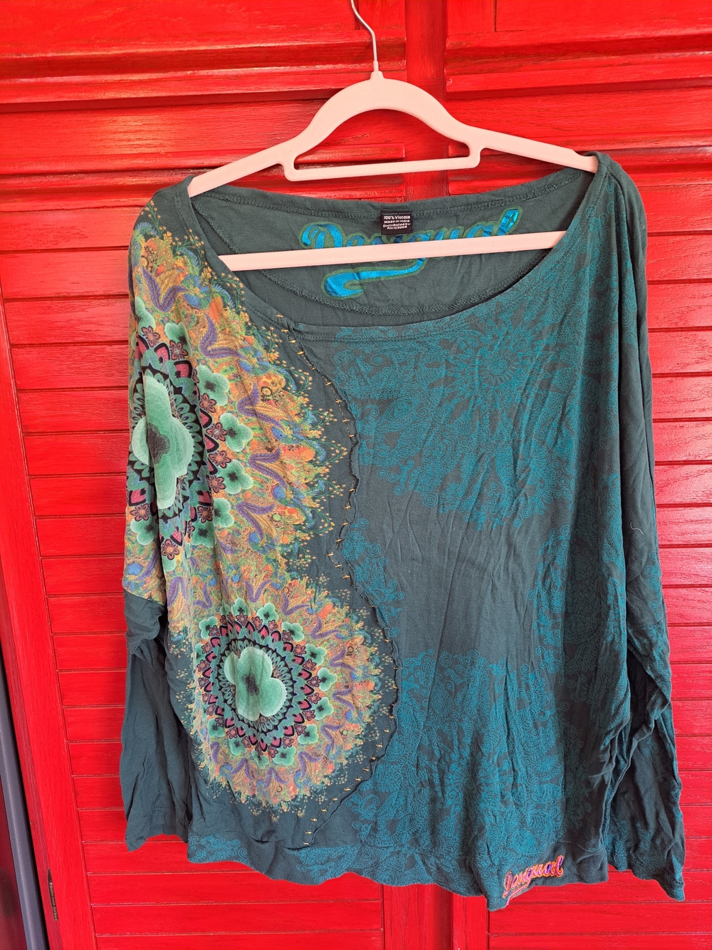 Desigual Teal Mandala-Print Women's Long Sleeve Top Large Raglan Sleeve